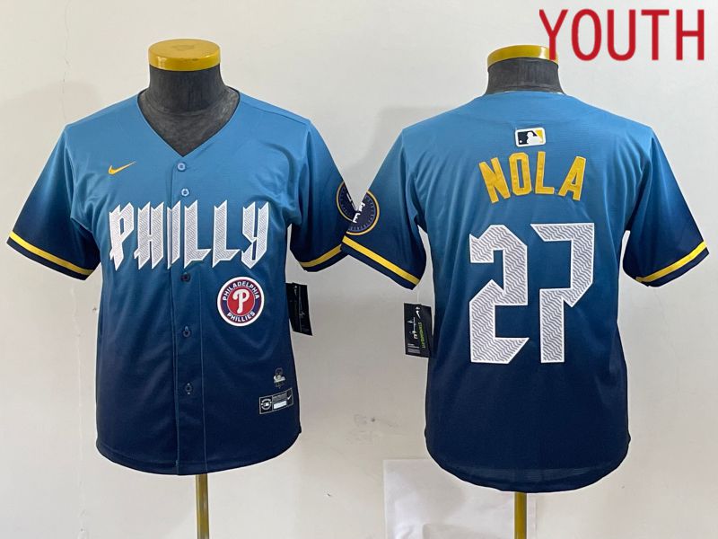 Youth Philadelphia Phillies 27 Nola Blue City Edition Nike 2024 MLB Jersey style 3
